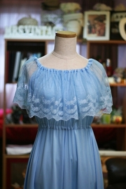 1980s Baby Blue Off Shoulder Lace Dress Sz M/L