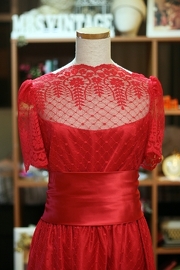 Vintage 70s Lipstick Red Evening Dress with Lace Overlay / Scoop