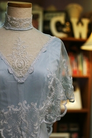 1970s Victorian Baby Blue Capelet Lace Gown Sz S/M