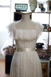 Vintage Sweet Polka Dot Wedding Dress with Pink Ribbon Bo
