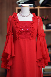 1970s Mama Vintage Red Evening Hand-sewn Embroideried Chiffon Dr