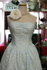 1980s Baby Blue Strapless Party Dress with Floral Print