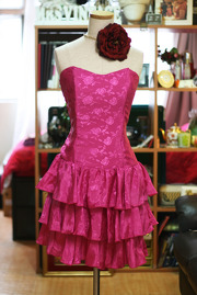 1980s Shocking Pink Floral Party Dress with Tiered Skirt