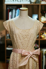 1950s Cream Cotton Lace Dress with Pink Sash