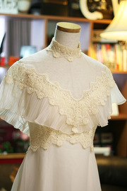 1970s Deep Ivory Victorian Pleated Capelet Gown