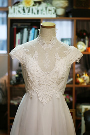 1970s Victorian White Lace and Pearls Bridal Gown