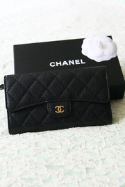 Authentic Chanel Black Caviar Quilted Leather Tri-Fold Wallet New