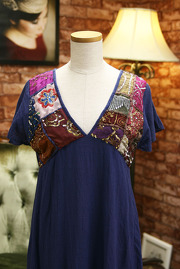 Vintage 1990s Navy V-Neck Style Boho Sequined Patchwork Dress