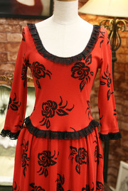 Vintage 1990s Red Printed Dress with Black Lace Trim