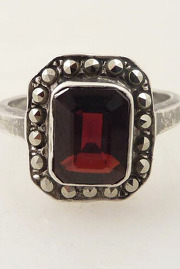 Vintage Deco Garnet Sterling Ring with Marcasite Accents Size 5.75