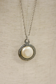 Vintage Silvertone Pendant - Faux Pearl and Marcasite Wearing both Sides
