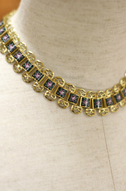 Vintage Goldtone and Black Floral Necklace with Purple Flowers