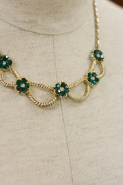 Vintage Goldtone and Green Rhinestone Floral Necklace