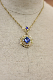Vintage Goldtone Chain - Blue and Clear Rhinestone - Faux Pearl Goldtone Pendant