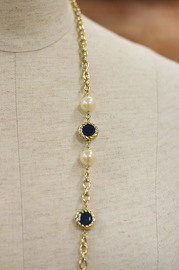 Vintage Goldtone Long Necklace with Blue and Champagne Faux Pearls
