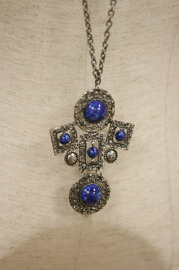 Vintage Gunmetal Silvertone Long Necklace with Blue Stone Accents - signed FLORENZA on the back - 36