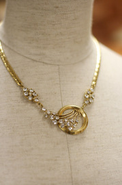 Vintage Goldtone Rhinestones Necklace - Swirls and Circle Motif - Goldtone Chain - 16