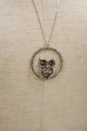 Vintage Cutest OWL Pendant on Silvertone and Chain with Green-Purple-Orange Rhinestones- 24