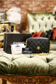 Vintage Chanel Black Quilted Caviar Leather Shoulder Camera Bag (Full set)