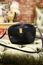 Vintage Authentic Ferragamo Navy-Black Leather Shoulder Bag with Vera BOW