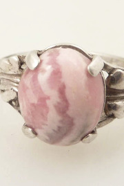 Vintage Sterling Oak Leaf Deco and Rhodochrosite Ring Sz 5.75