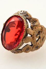 Antique Brass and Ruby Glass Poppies Ring Sz 5.25