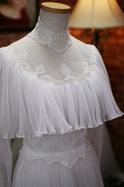 Vintage 1970s White Wedding Dress Sheer Pleated Lace