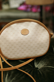 Vintage Gucci Purse in Tan Leather White Canvas Signature Monogram GG Pattern