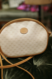 Vintage Gucci Purse in Tan Leather White Canvas Signature Monogram GG Pattern