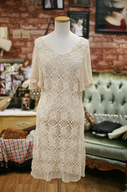 Vintage 1970s Light Beige Crochet Lace Dress Size XS/S