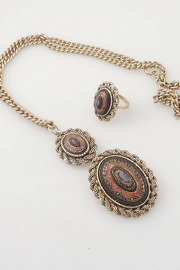 Vintage Goldtone Sarah Coventry Dynamic Intaglio Pendant Brooch Necklace and Ring Set