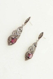 Vintage Sterling Great Gatsby Marcasite Sparkle Earrings with Red Glass Accent