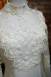 Vintage 1960s Deep Ivory Wedding Dress Organza Sheer Romantic Lace Pearls Sz S