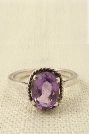 Vintage Gorgeous Rope Style Sterling Framed Amethyst Glass Ring Size 6.75