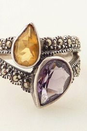 Vintage Amethyst and Citrine Tear Drops Sterling Ring with Marcasite Pave Size 8.5