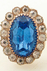 Adjustable Antique Sapphire Glass and Sparkle Rhinestone Goldtone Ring Sz 6.5