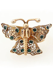 Adjustable Vintage Goldwashed Sterling Filigree Bejeweled Atlas Moth Ring Size 7