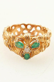Vintage Goldwashed Sterling Three Petaled Floral Motif Ring with Green Rhienstone Accents Size 7.25