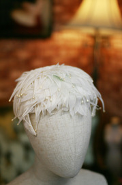 1960s Off White Silk and Velvet Petal Hat Bridal Swan Lake Pearl Drops with a Touch of Aqua Blue