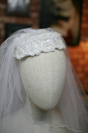 1980s White Lace, Beads and Sequins Hat with 2-tiers Veil