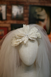 1960s Tulle Veil and and Oversized Lace and Beads Flower Headpiece