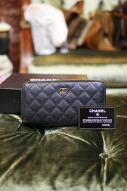 Chanel New Classic Black Caviar Quilted Leather Zip Around Wallet Small Clutch