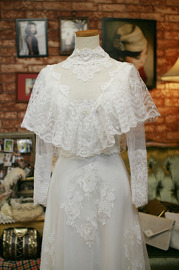1970s Victorian Capelet Off White Lace and Beaded Gown Size S