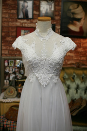 1970s Lace and Beaded High Neck Wedding Gown
