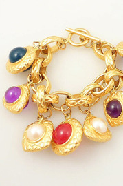 Vintage Bold Golden Chain Link Bracelet with Gemtone Colored Glass Bobbles