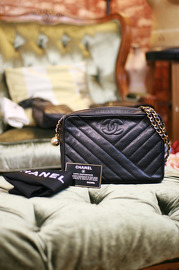 Vintage Chanel Black V-Stitch Caviar Leather Shoulder Golden Ball Bag