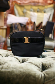 Vintage Authentic Ferragamo Black Nylon x Patent Leather Shoulder Bag With Vera BOW