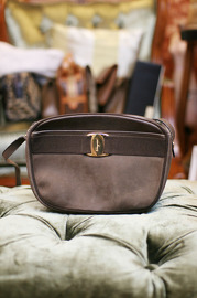 Vintage Authentic Ferragamo Brown Suede Leather Shoulder Bag With Vera BOW