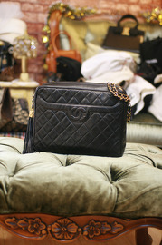 Vintage Chanel Black Quilted Lambskin Leather Fringe Medium Shoulder Bag (27cm Wide)