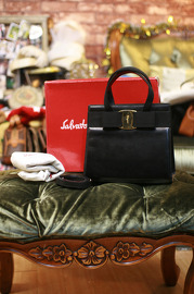 Vintage Salvatore Ferragamo Vara Ribbon Black Leather Kelly Shoulder Bag with Box and Dust Bag